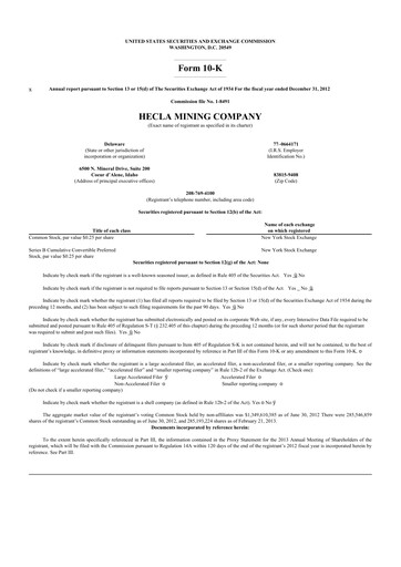 Thumbnail Hecla Mining
 10-K Annual Report 2012