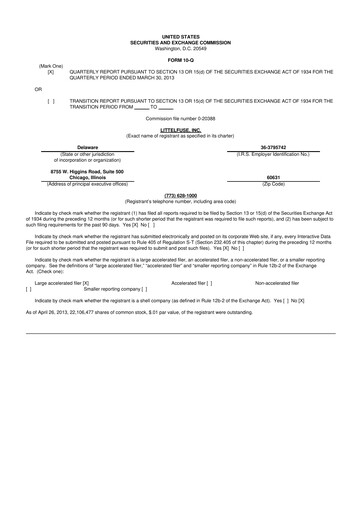 Miniature Littelfuse 10-Q Rapport trimestriel 2013 