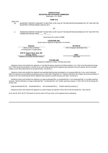 Miniature Littelfuse 10-Q Rapport trimestriel 2013 