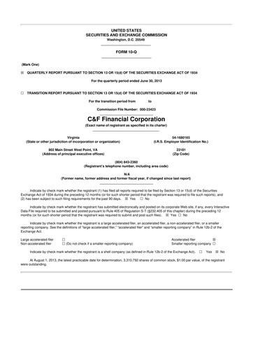 Thumbnail C&F Financial Corporation

 10-Q Quarterly Report FY2013 
