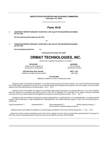 Miniature Ormat Technologies
 10-Q Rapport trimestriel 2013 