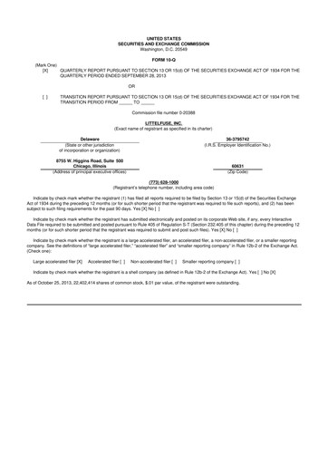 Miniature Littelfuse 10-Q Rapport trimestriel 2013 
