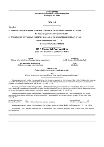 Thumbnail C&F Financial Corporation

 10-Q Quarterly Report FY2013 