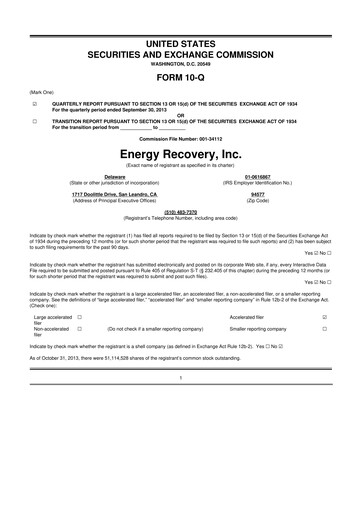 Thumbnail Energy Recovery
 10-Q Quarterly Report FY2013 