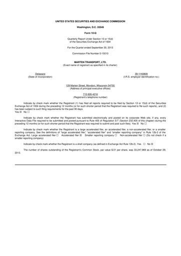Thumbnail Marten Transport 10-Q Quarterly Report FY2013 