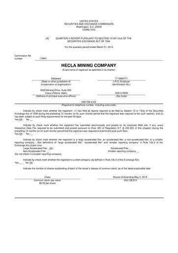 Miniature Hecla Mining
 10-Q Rapport trimestriel 2014 