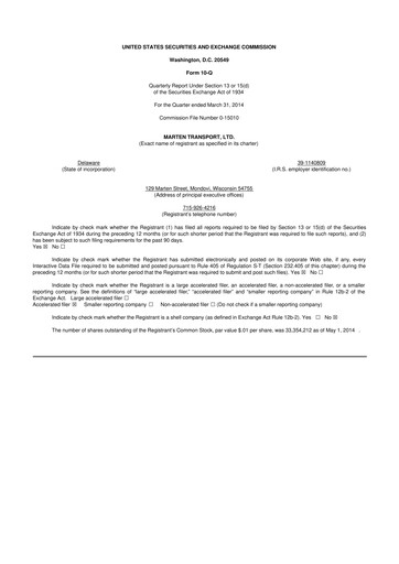 Thumbnail Marten Transport 10-Q Quarterly Report FY2014 