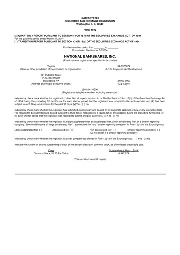 Thumbnail National Bankshares 10-Q Quarterly Report FY2014 