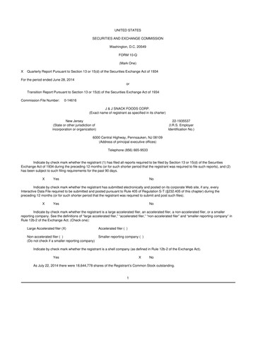 Thumbnail J&J Snack Foods
 10-Q Quarterly Report FY2014 