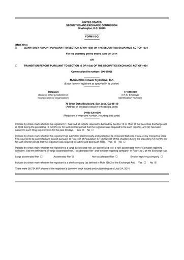 Miniature Monolithic Power Systems 10-Q Rapport trimestriel 2014 