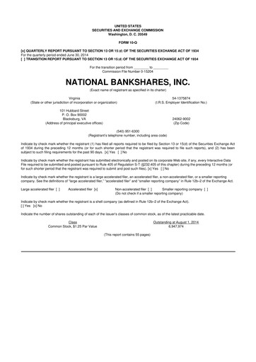 Thumbnail National Bankshares 10-Q Quarterly Report FY2014 