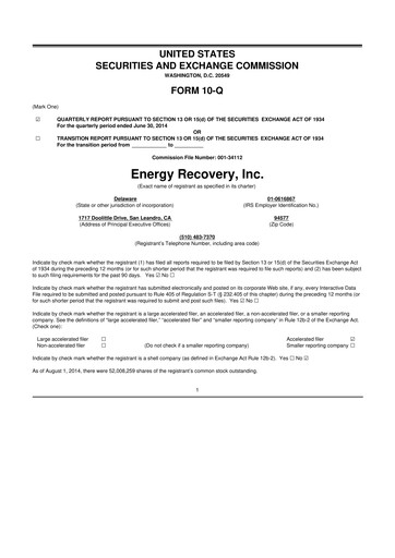 Thumbnail Energy Recovery
 10-Q Quarterly Report FY2014 