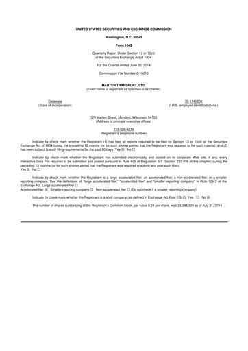 Thumbnail Marten Transport 10-Q Quarterly Report FY2014 