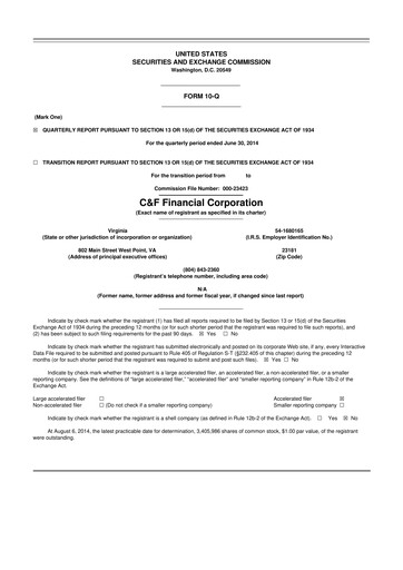 Thumbnail C&F Financial Corporation

 10-Q Quarterly Report FY2014 
