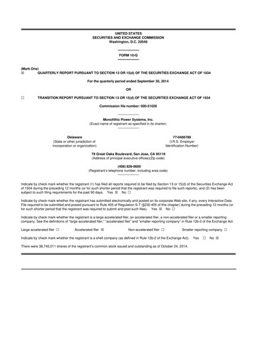 Miniature Monolithic Power Systems 10-Q Rapport trimestriel 2014 