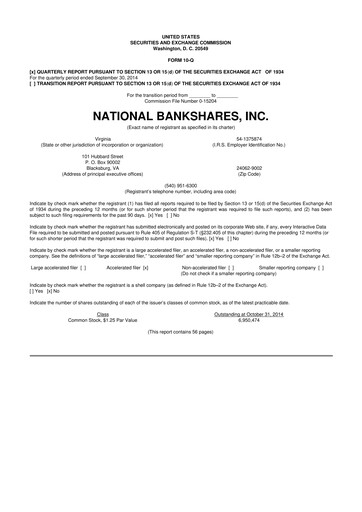 Thumbnail National Bankshares 10-Q Quarterly Report FY2014 
