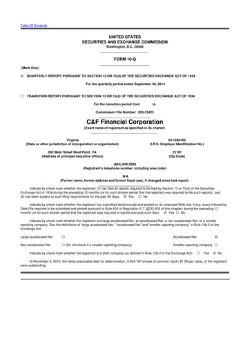 Thumbnail C&F Financial Corporation

 10-Q Quarterly Report FY2014 