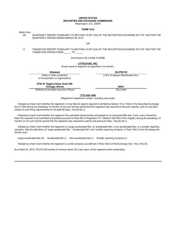 Miniature Littelfuse 10-Q Rapport trimestriel 2015 