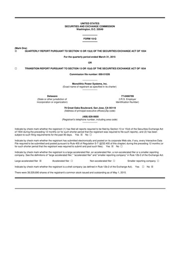 Miniature Monolithic Power Systems 10-Q Rapport trimestriel 2015 