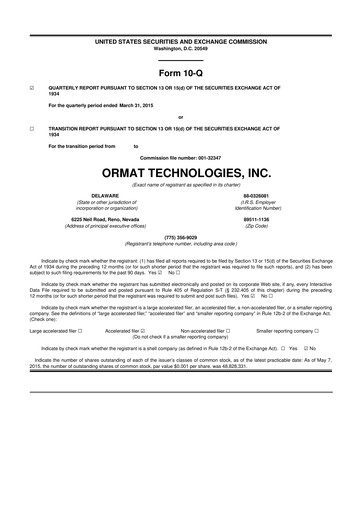 Miniature Ormat Technologies
 10-Q Rapport trimestriel 2015 