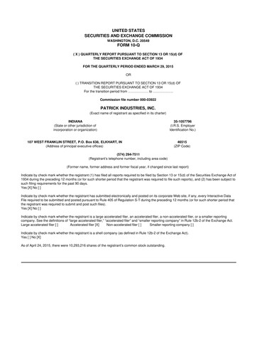 Thumbnail Patrick Industries 10-Q Quarterly Report FY2015 