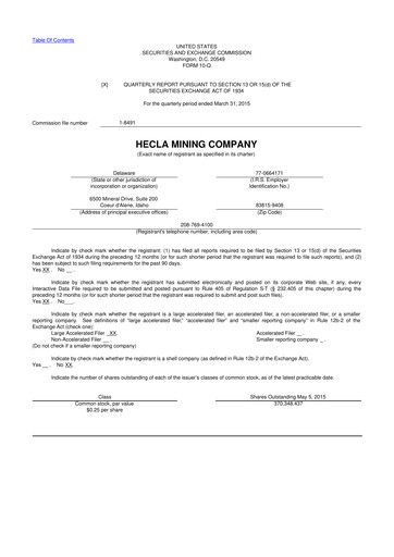 Miniature Hecla Mining
 10-Q Rapport trimestriel 2015 