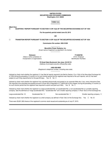 Miniature Monolithic Power Systems 10-Q Rapport trimestriel 2015 