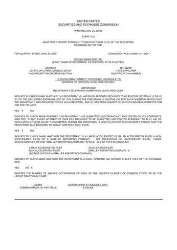 Vorschaubild Colony Bankcorp 10-Q Quartalsbericht 2015 