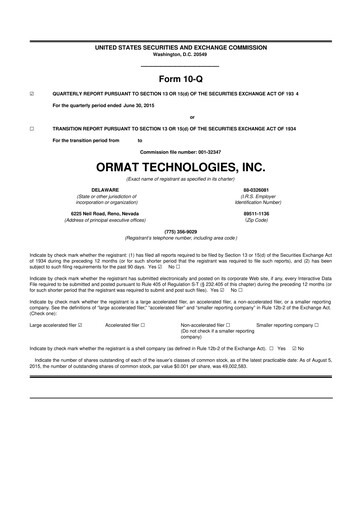 Miniature Ormat Technologies
 10-Q Rapport trimestriel 2015 