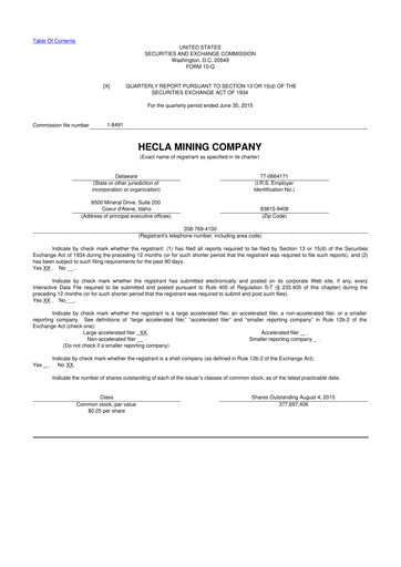 Miniature Hecla Mining
 10-Q Rapport trimestriel 2015 
