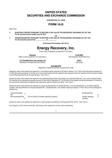 Thumbnail Energy Recovery
 10-Q Quarterly Report FY2015 