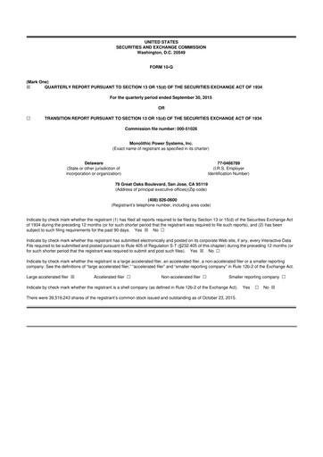 Miniature Monolithic Power Systems 10-Q Rapport trimestriel 2015 