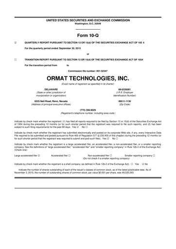 Miniature Ormat Technologies
 10-Q Rapport trimestriel 2015 