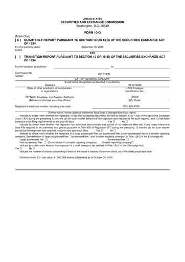 Thumbnail Cathay General Bancorp 10-Q Quarterly Report FY2015 