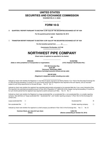 Thumbnail Northwest Pipe Company
 10-Q Quarterly Report FY2015 