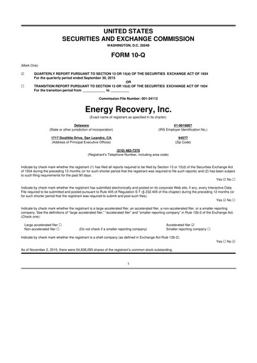 Thumbnail Energy Recovery
 10-Q Quarterly Report FY2015 