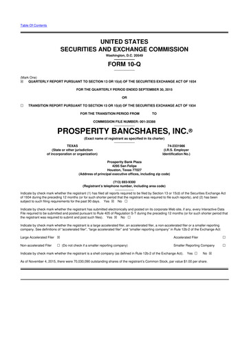 Thumbnail Prosperity Bancshares
 10-Q Quarterly Report FY2015 