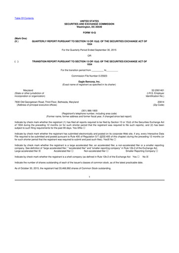 Thumbnail Eagle Bancorp 10-Q Quarterly Report FY2015 