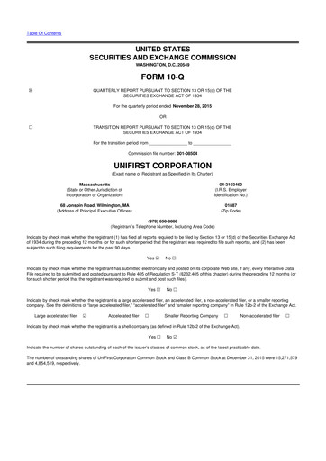 Thumbnail UniFirst 10-Q Quarterly Report FY2016 