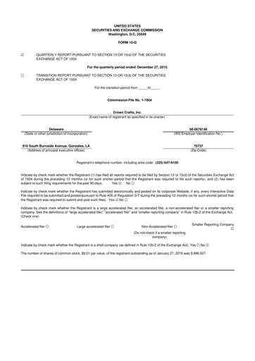 Miniature Crown Crafts 10-Q Rapport trimestriel 2016 