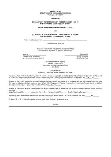 Vorschaubild Bassett Furniture 10-Q Quartalsbericht 2016 