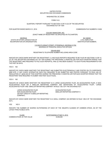 Vorschaubild Colony Bankcorp 10-Q Quartalsbericht 2016 