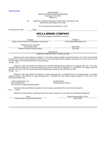 Miniature Hecla Mining
 10-Q Rapport trimestriel 2016 