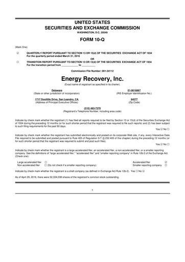 Thumbnail Energy Recovery
 10-Q Quarterly Report FY2016 