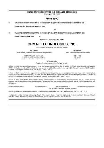 Miniature Ormat Technologies
 10-Q Rapport trimestriel 2016 