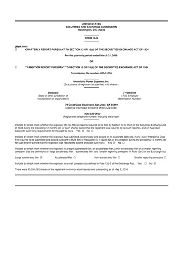 Miniature Monolithic Power Systems 10-Q Rapport trimestriel 2016 