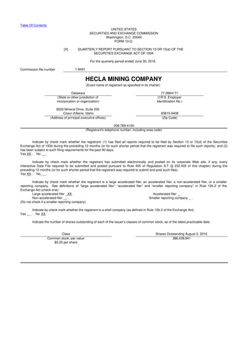 Miniature Hecla Mining
 10-Q Rapport trimestriel 2016 