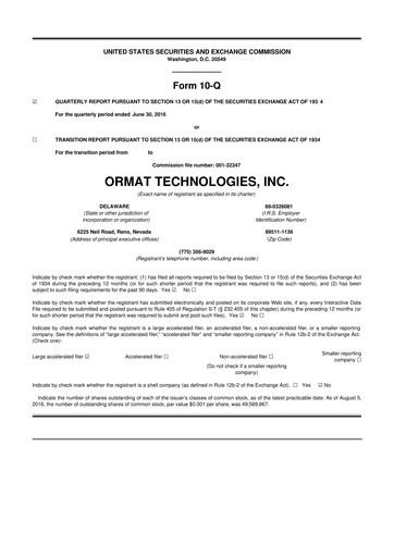 Miniature Ormat Technologies
 10-Q Rapport trimestriel 2016 