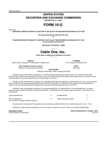 Miniature Cable One 10-Q Rapport trimestriel 2016 