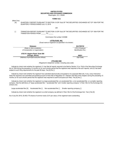 Miniature Littelfuse 10-Q Rapport trimestriel 2016 